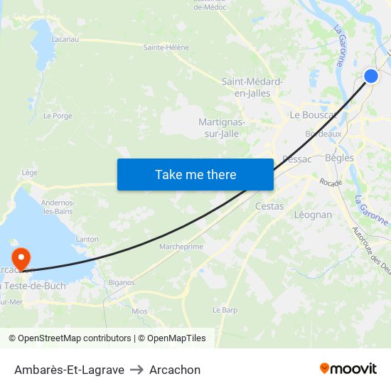 Ambarès-Et-Lagrave to Arcachon map