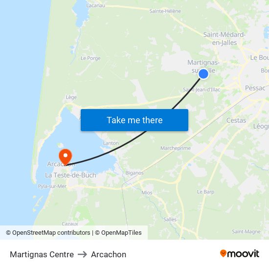 Martignas Centre to Arcachon map