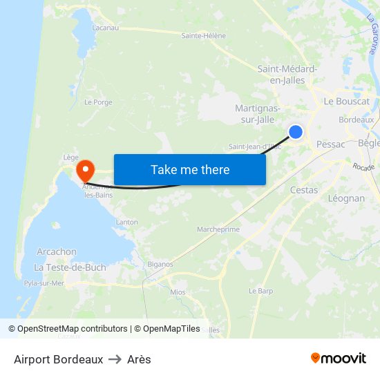 Airport Bordeaux to Arès map