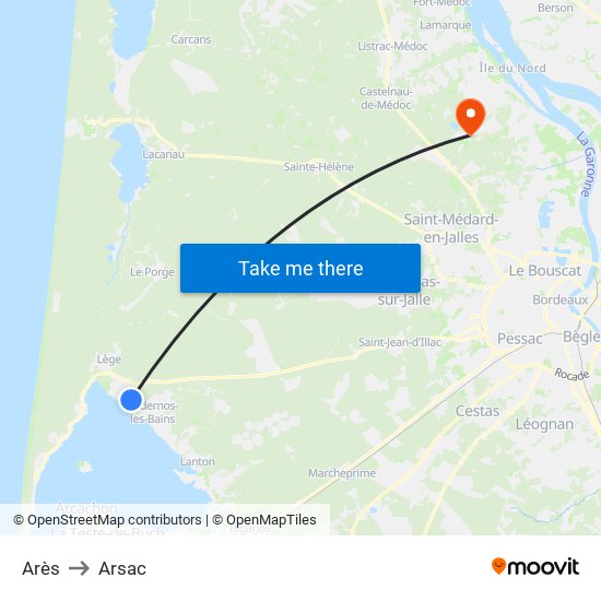 Arès to Arsac map