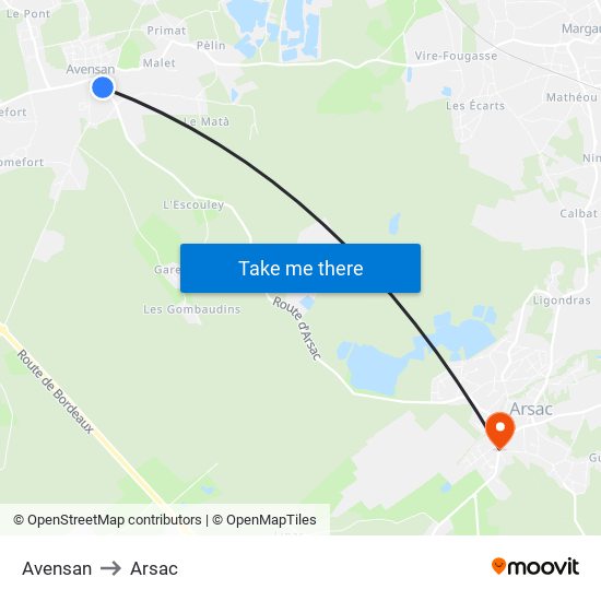 Avensan to Arsac map