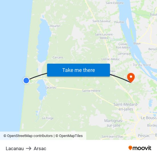 Lacanau to Arsac map