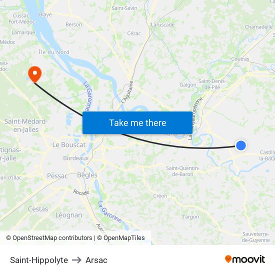 Saint-Hippolyte to Arsac map