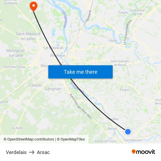 Verdelais to Arsac map