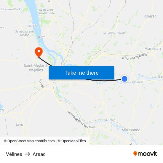 Vélines to Arsac map