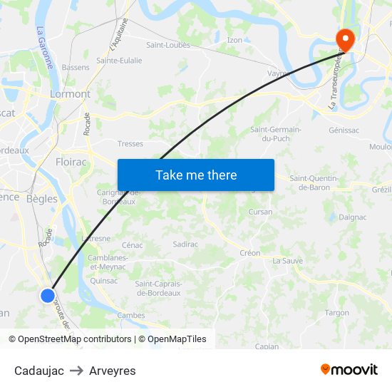 Cadaujac to Arveyres map