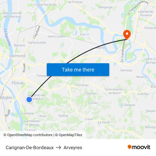 Carignan-De-Bordeaux to Arveyres map