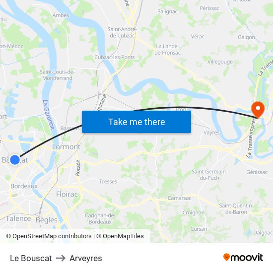 Le Bouscat to Arveyres map