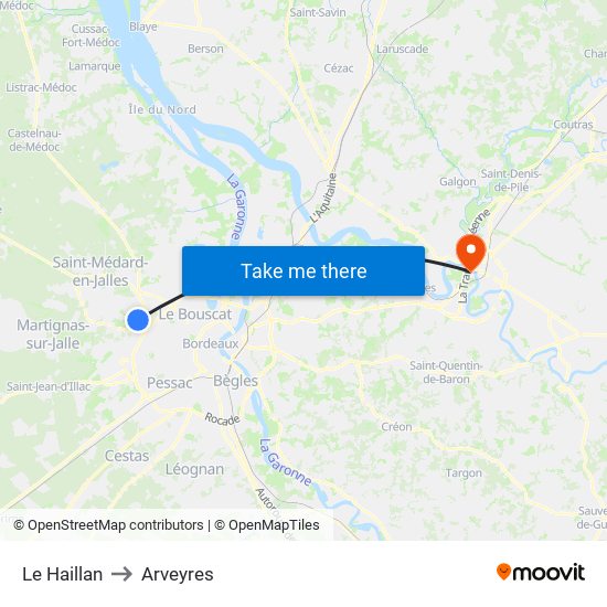 Le Haillan to Arveyres map