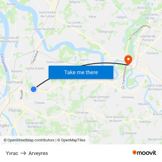 Yvrac to Arveyres map