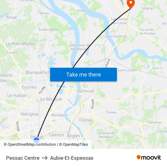 Pessac Centre to Aubie-Et-Espessas map