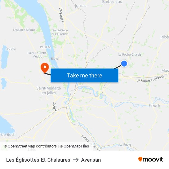 Les Églisottes-Et-Chalaures to Avensan map