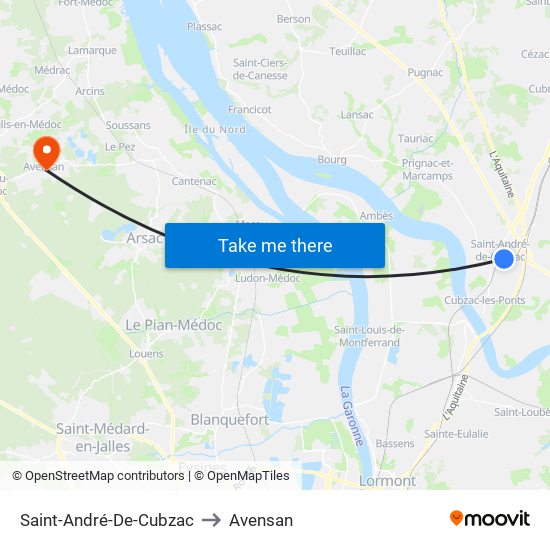 Saint-André-De-Cubzac to Avensan map