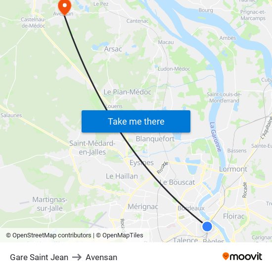 Gare Saint Jean to Avensan map