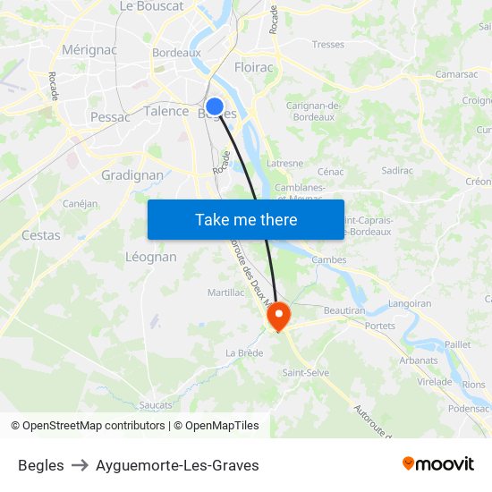 Begles to Ayguemorte-Les-Graves map