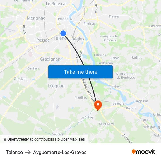 Talence to Ayguemorte-Les-Graves map