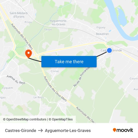 Castres-Gironde to Ayguemorte-Les-Graves map