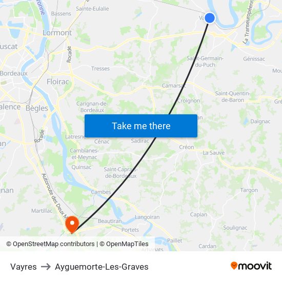 Vayres to Ayguemorte-Les-Graves map