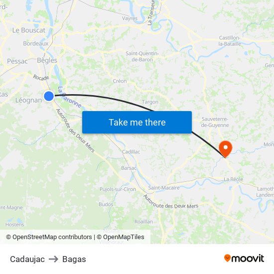 Cadaujac to Bagas map