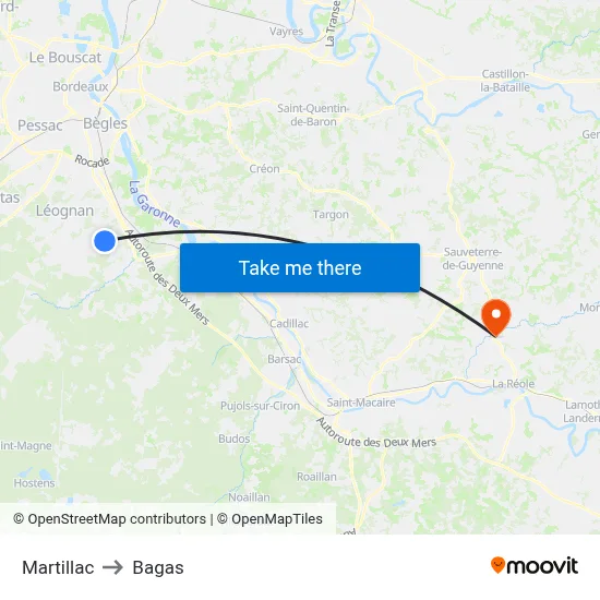 Martillac to Bagas map