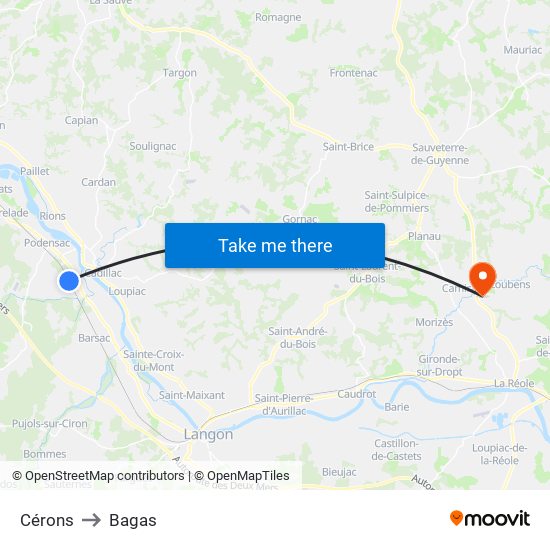 Cérons to Bagas map