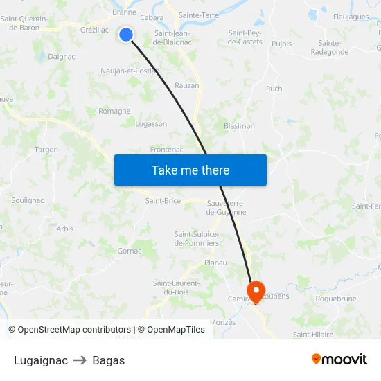 Lugaignac to Bagas map