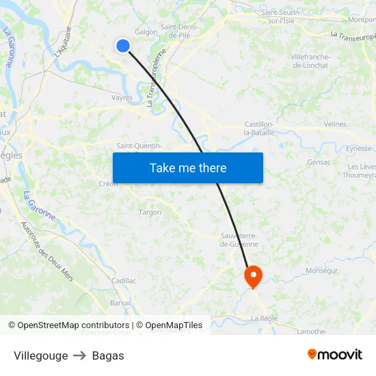 Villegouge to Bagas map
