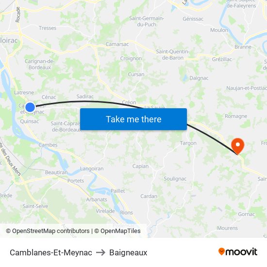 Camblanes-Et-Meynac to Baigneaux map
