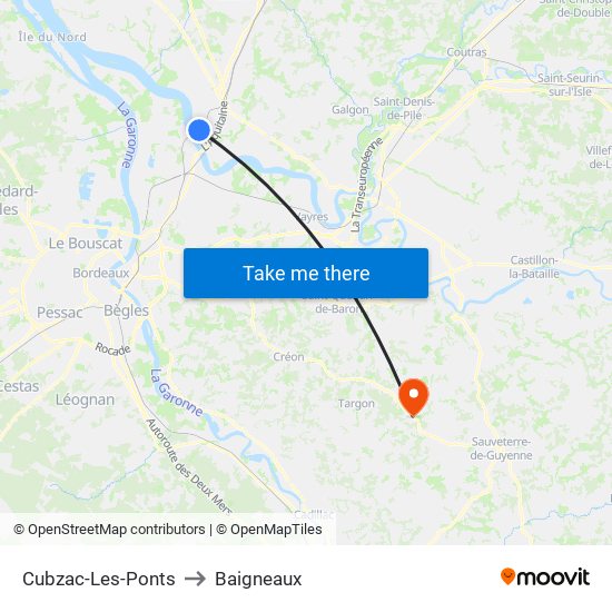 Cubzac-Les-Ponts to Baigneaux map