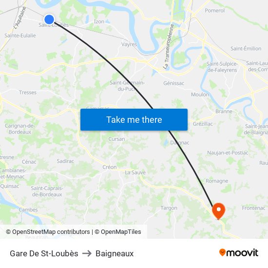 Gare De St-Loubès to Baigneaux map
