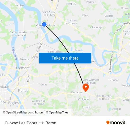 Cubzac-Les-Ponts to Baron map
