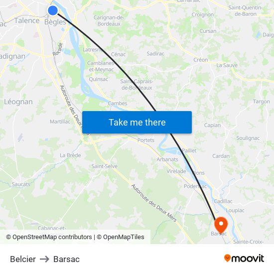 Belcier to Barsac map