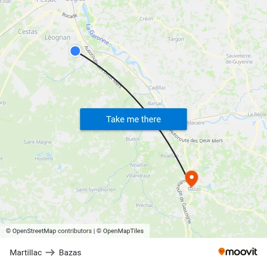 Martillac to Bazas map