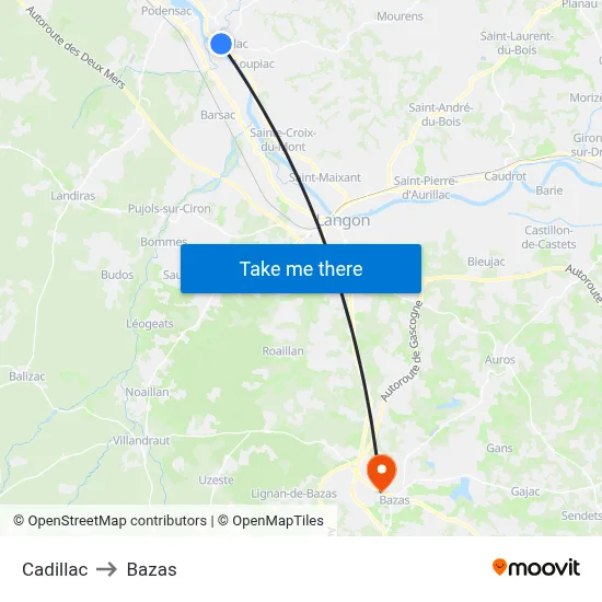 Cadillac to Bazas map