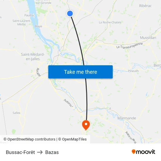 Bussac-Forêt to Bazas map