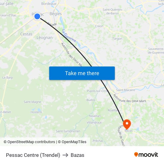 Pessac Centre (Trendel) to Bazas map
