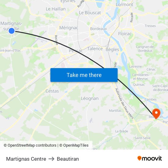 Martignas Centre to Beautiran map