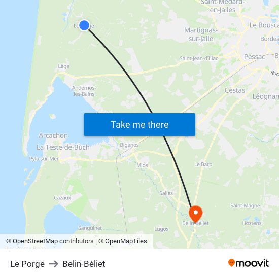 Le Porge to Belin-Béliet map