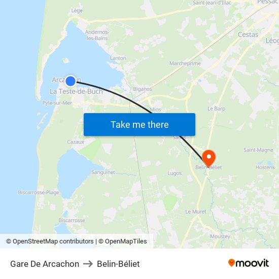 Gare De Arcachon to Belin-Béliet map
