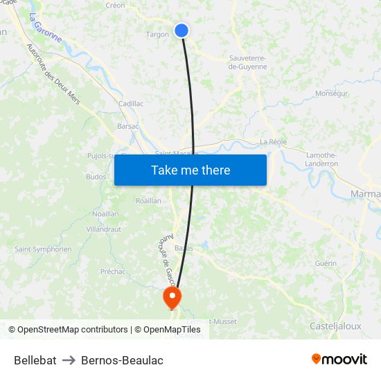 Bellebat to Bernos-Beaulac map