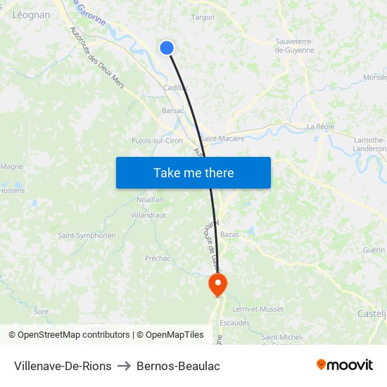 Villenave-De-Rions to Bernos-Beaulac map