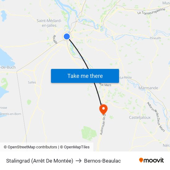 Stalingrad (Arrêt De Montée) to Bernos-Beaulac map