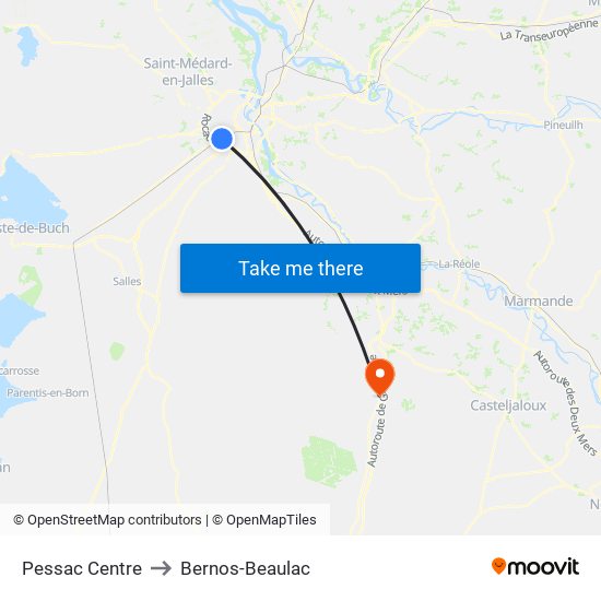 Pessac Centre to Bernos-Beaulac map