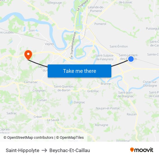 Saint-Hippolyte to Beychac-Et-Caillau map
