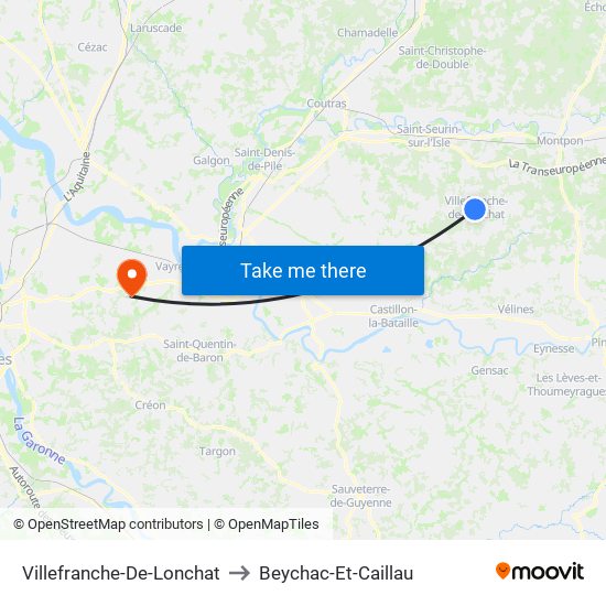 Villefranche-De-Lonchat to Beychac-Et-Caillau map