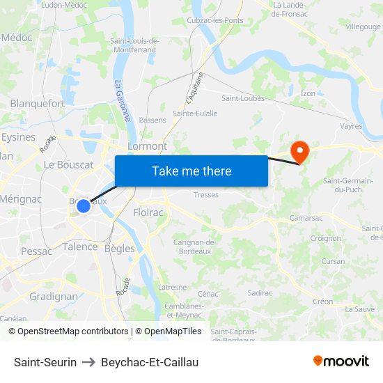 Saint-Seurin to Beychac-Et-Caillau map