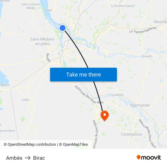 Ambès to Birac map