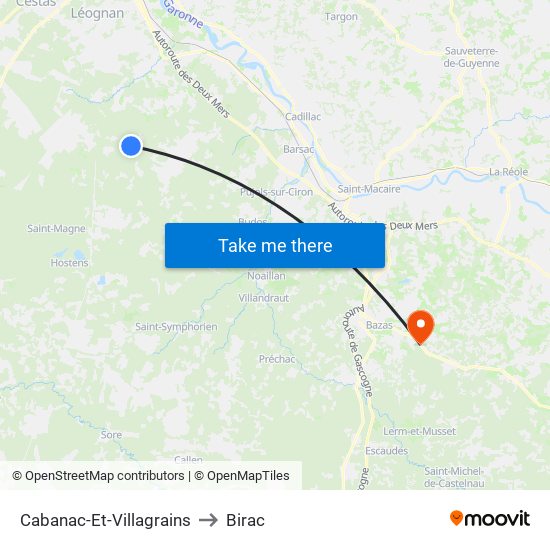 Cabanac-Et-Villagrains to Birac map