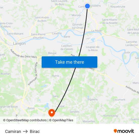 Camiran to Birac map