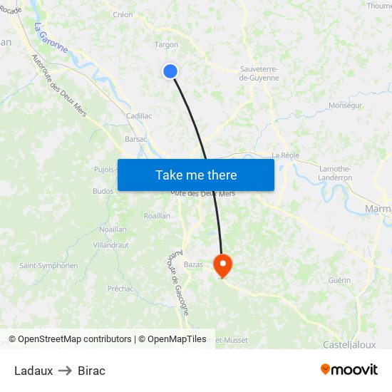 Ladaux to Birac map